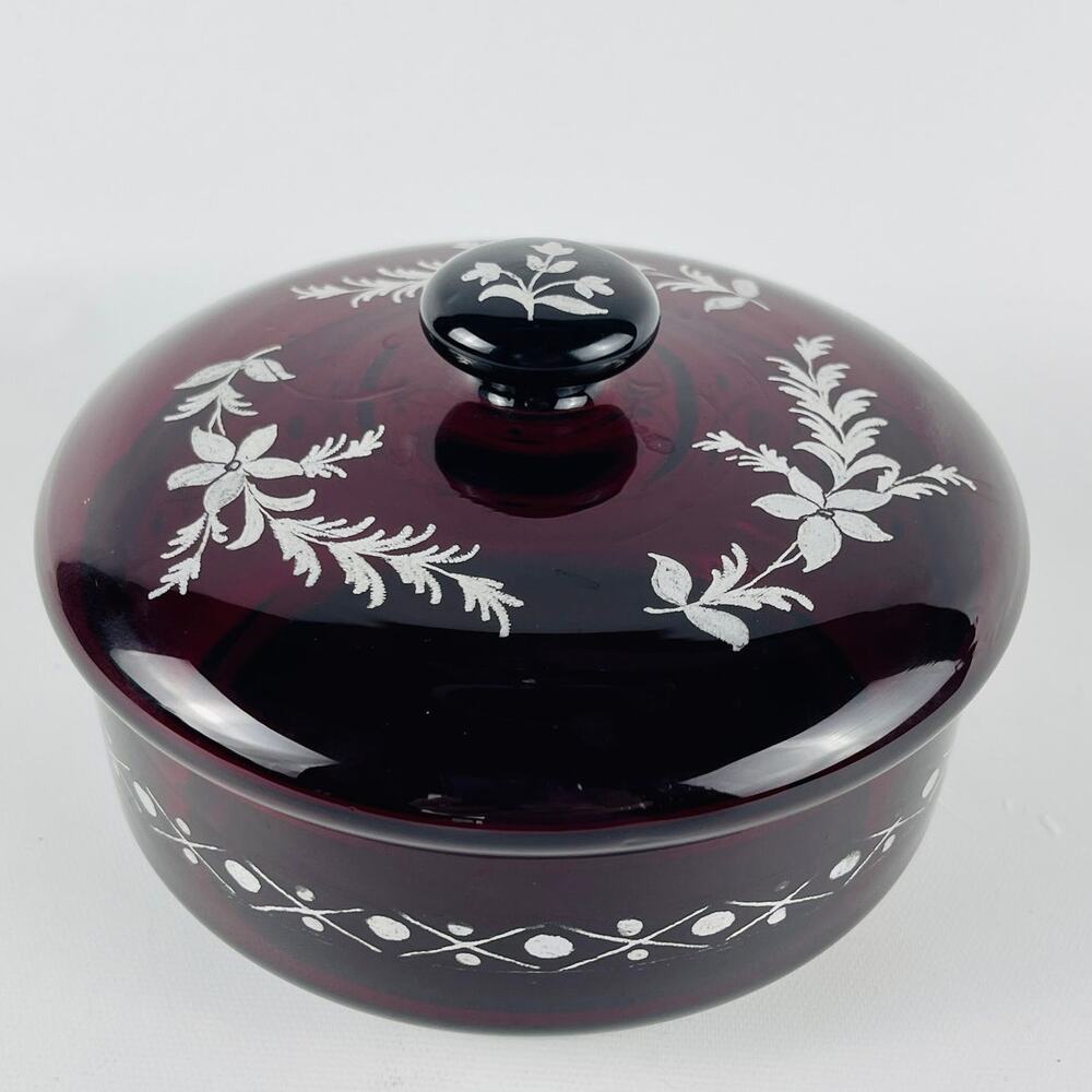 Ruby Red Glass Silver Overlay Candy Dish W/ Lid Floral 5 3/4 x 3 3/4”